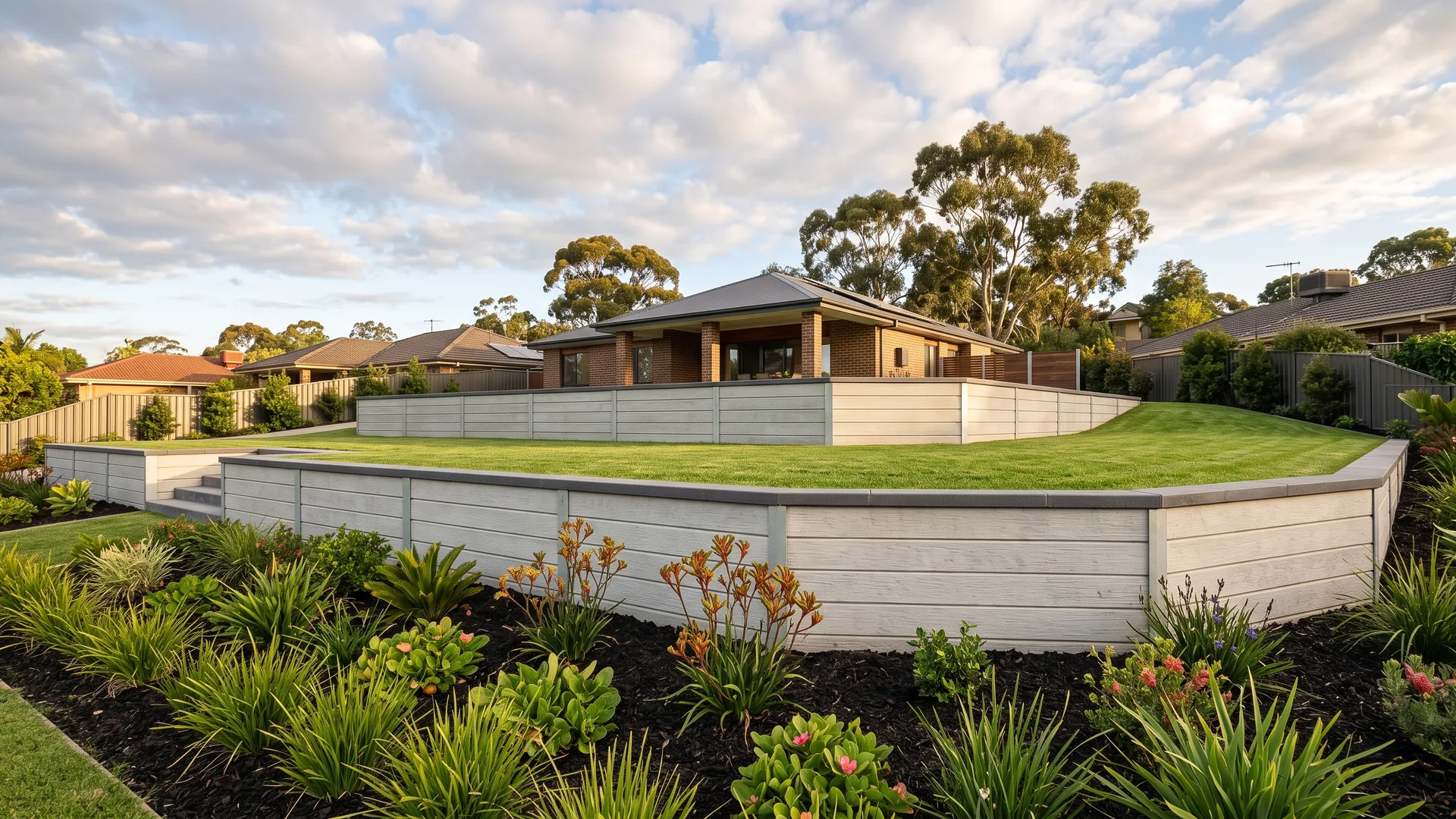 Concrete sleeper retaining wall on a sloped Gold Coast block